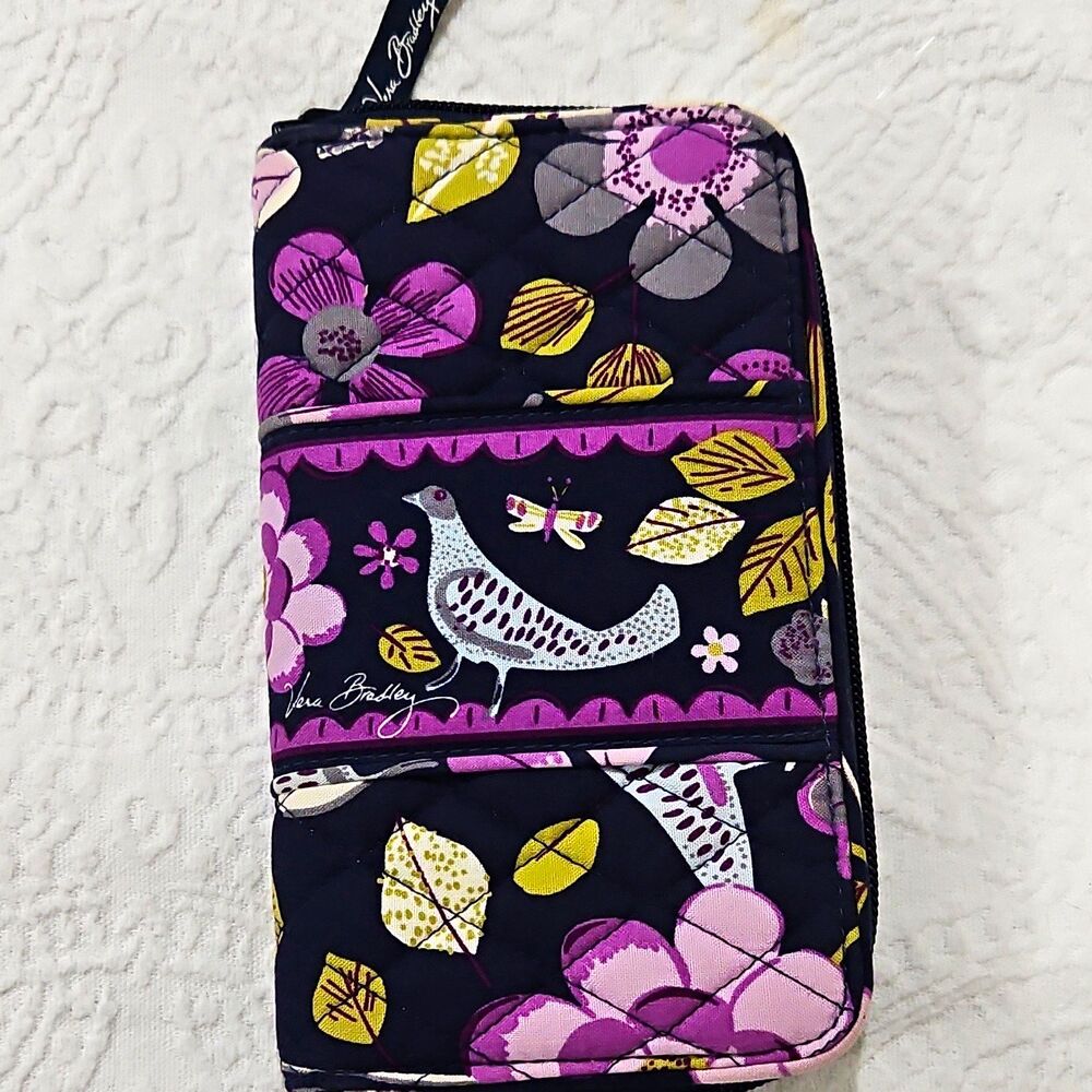 Vera Bradley Women’s Zip-Around Wallet, Black Purple Floral Bird, Coin Pocket
